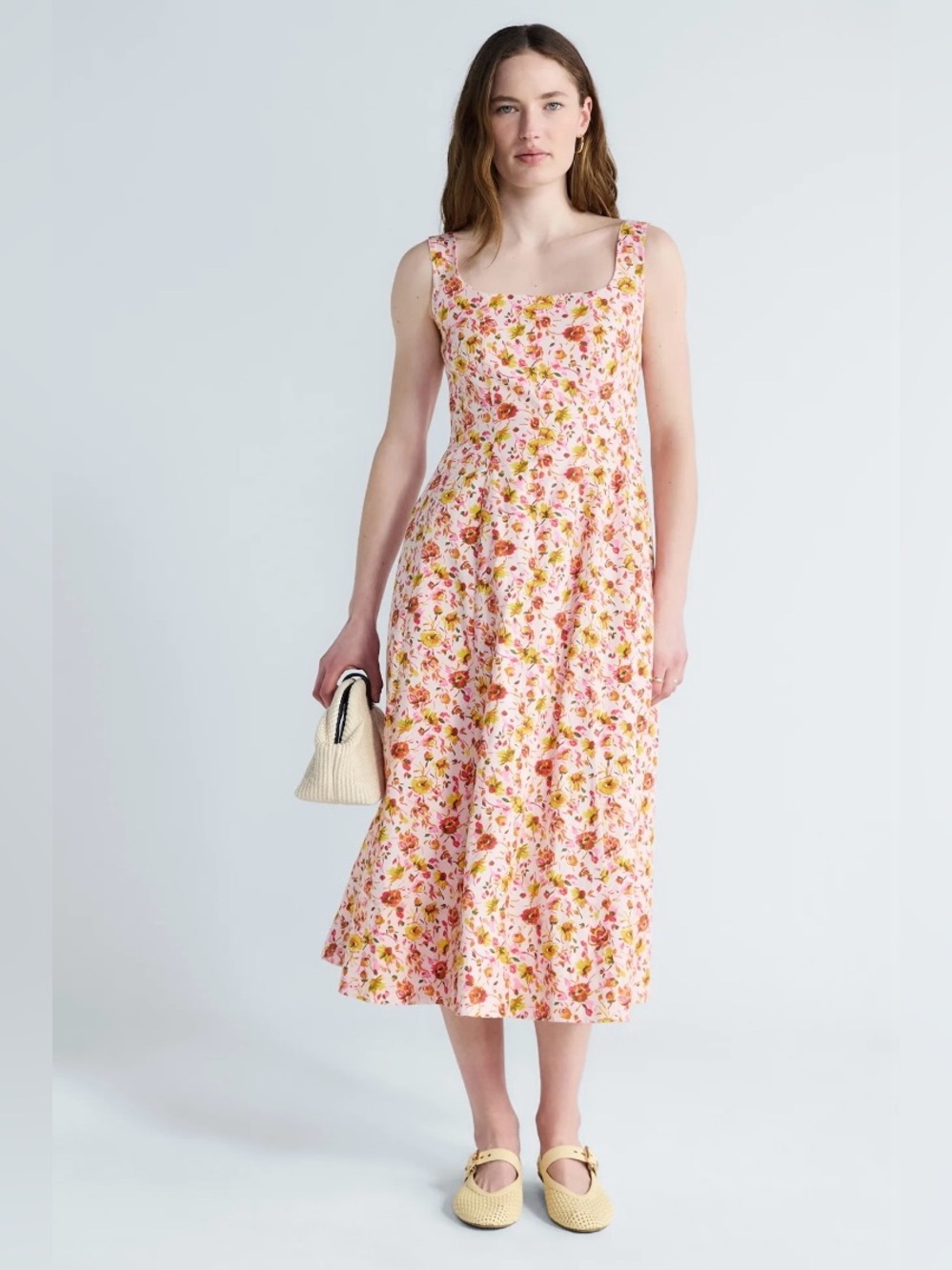 NWT Free Assembly Pink Floral Square Neck Cotton Midi Dress Fit & Flare Sz Small - Picture 2 of 9